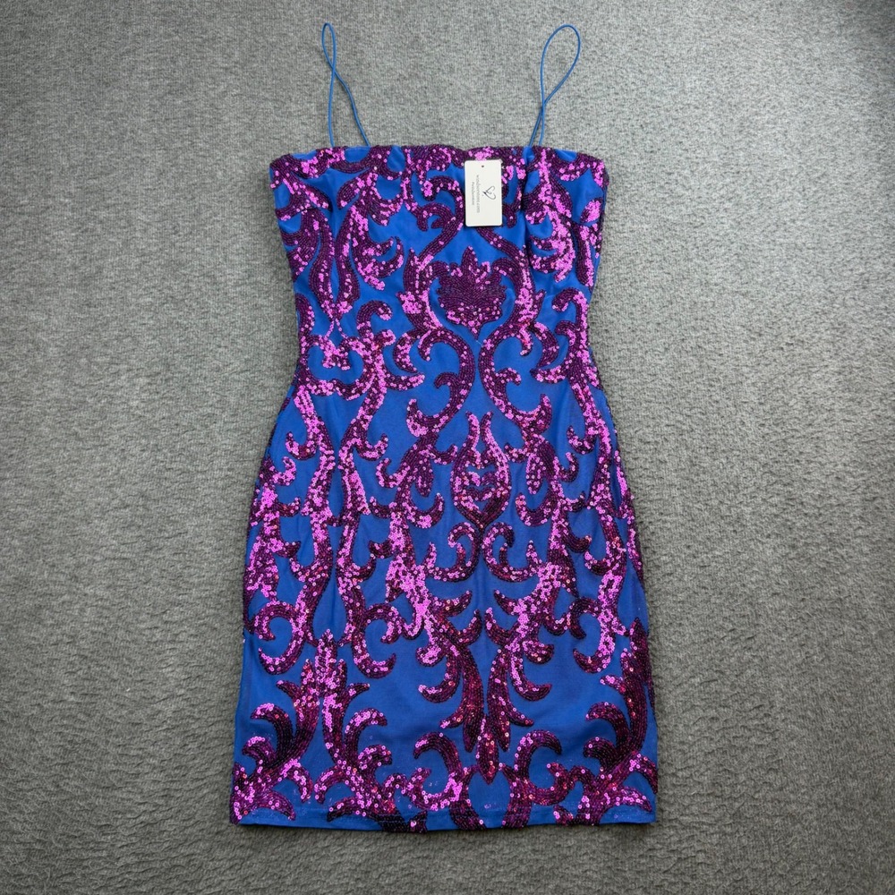 Windsor Sequin Mini Dress Women's Small Royal Purple Scroll Mesh Bodycon NWT
